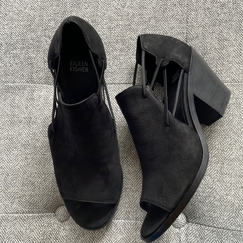 Eileen Fisher Nikki Sandal Size 9 M Black Leather Open Toe Bootie